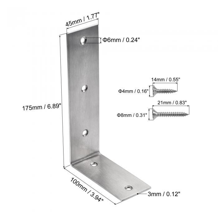 人気特価 ソウテン L字型シェルフブラケット 175x100 mm ステンレス鋼 ジョイント直角コーナーサポート 棚テーブル用 シルバートーン ネジ付き  4個 www.agroservet.com