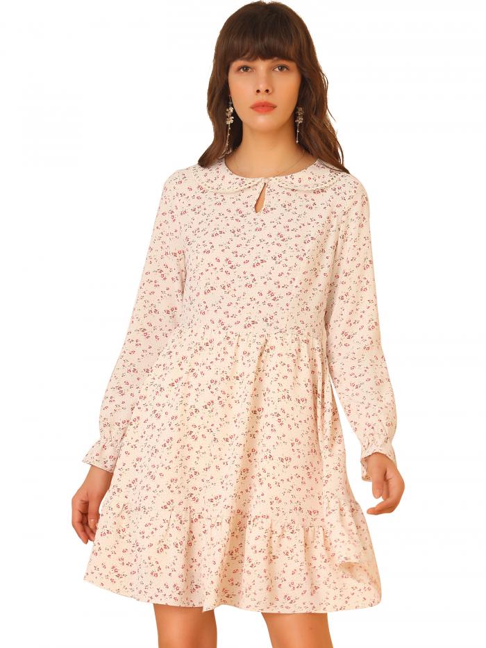 ソウテン Allegra K シフォンワンピース 丸襟 花柄 長袖 フリル ドレス フレア レディース アプリコット Xs Theconnect Co Zw