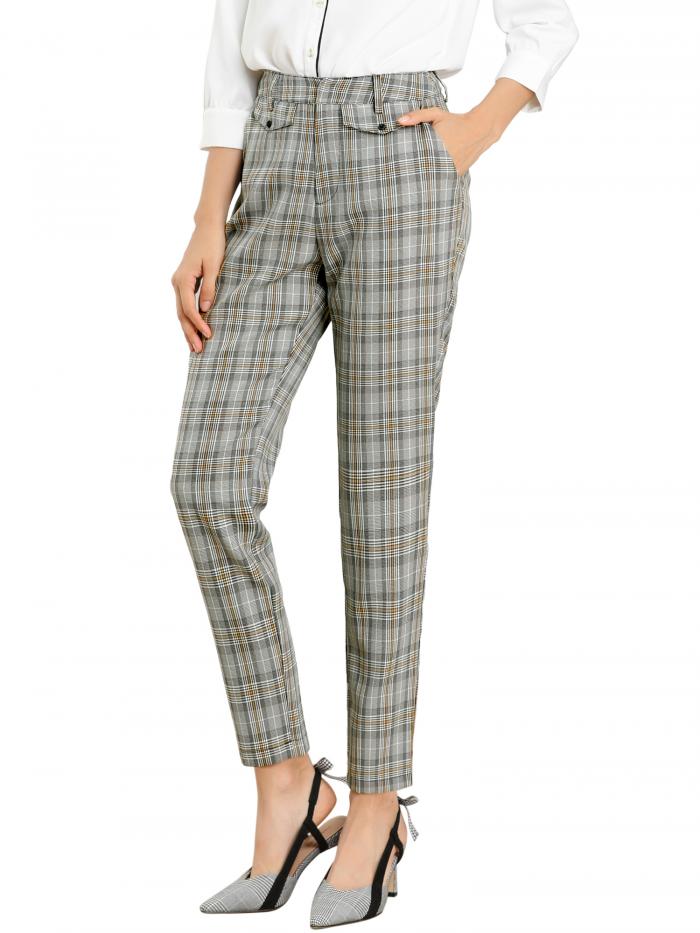 楽天市場 ソウテン Allegra K タータンチェック パンツ チェック柄 オフィス ハイウエスト ストレート クロップド レディース ブラウングレー チェック柄 M ソウテン
