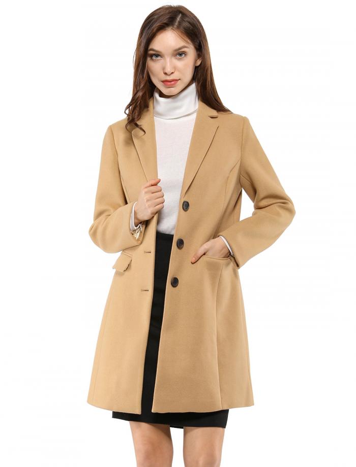 Allegra K チェスターコート レディース 冬 ラシャ風 ロングコート カジュアル 通勤 無地 アウター キャメル 3XL｜ソウテン
