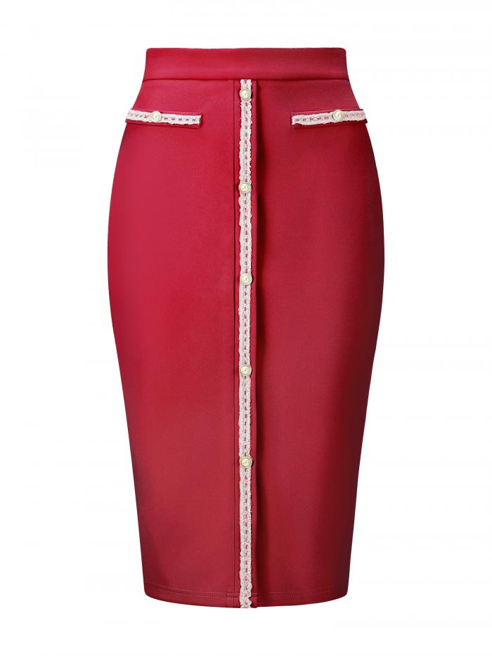 Hobemty Women's Slim Pencil Skirt High Waist Tweed Trim Work Bodycon Midi Skirt, Dark Red, XL