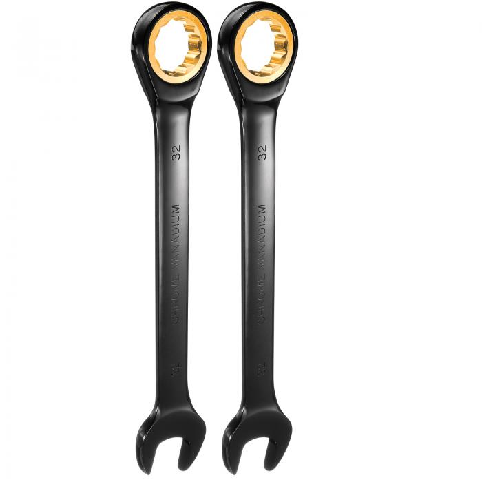 2Pcs ラチェットレンチ 32mm メトリック オープンエンド レンチ 72-ティース CR-V スチール 12 ポイ ント ニッケルメッキ コンビネーション ラチェットレンチ ファスナー ナット ボルト