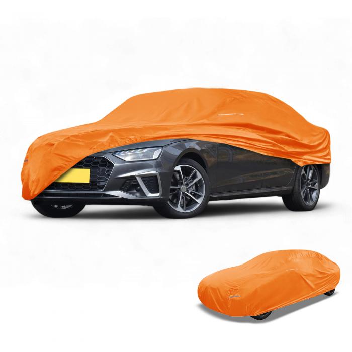 Partuto ユニバーサルセダンカーカバー 防水オールウェザー自動車雨保護フルエクステリアカバー ミラーポケット付き アルミフィルム オレンジ セダン用 長さ177"から185"に適合｜ソウテン