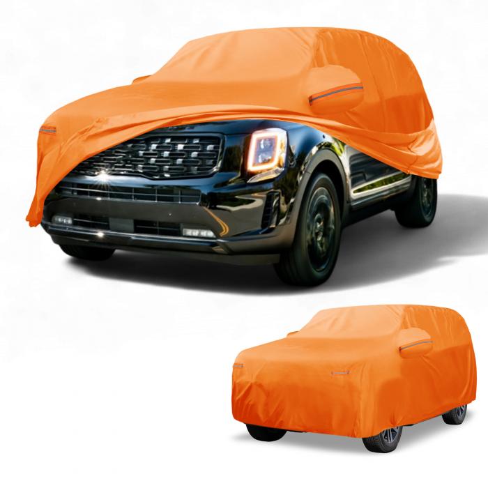 Partuto カーカバー 防水 オールウェザー 自動車用 アウトドア用 アンチUV サン 雨保護 Kiaに対応 テルライド用 アルミフィルム オレンジ W/ジッパー｜ソウテン