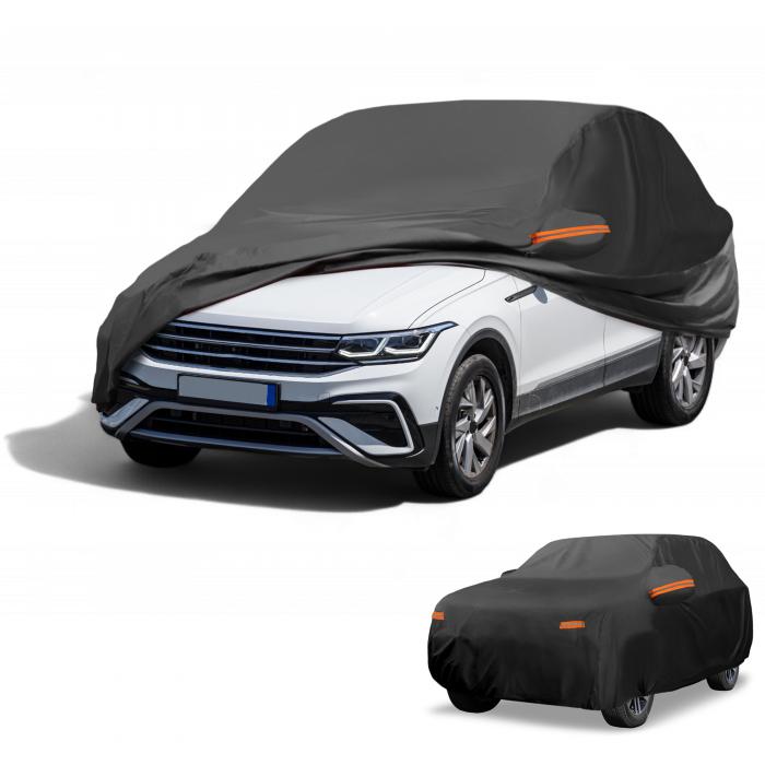 Partuto Volkswagenに対応ティグアンSWB 2017-2024用の防水全天候型日光雨保護フルエクステリアカバー、アルミフィルムブラック、反射ストリップ付き|ソウテン