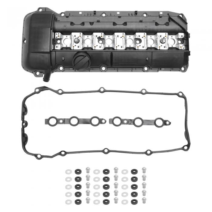 TUCKBOLD BMWに対応 325i 2.5L 2001-2002用エンジンバルブカバー No.11121432928 フロントバルブロッカーカバー ブラック ガスケット ボルト オイルキャップ スパークプラグチューブシール 1セット|ソウテン