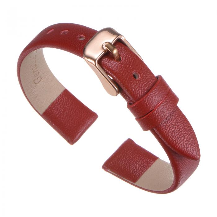 Red Genuine Leather Band 14mm Wide Flat Thin Elegant Leather Watch Strap Rose Gold Buckle for Men and Women