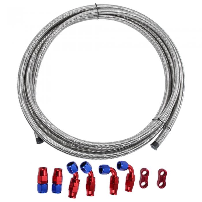 VekAuto 自動車用燃料ホース 燃料ラインキット AN10 PTFE製 ステンレス編み込み 内径12.7mm 外径15.9mm 長さ460cm 15ft シルバー チューブクランプ付き ジョイント付き ユニバーサル 1セット|ソウテン