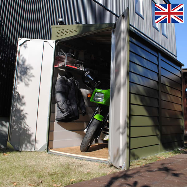 イギリス おしゃれ バイクガレージ 屋外収納庫 自転車収納 ガルバリウム イギリス製 バイク倉庫 物置 ガレージ 観音開き 自転車置き場 バイクガレージ 英国製 メンテナンスフリー ゴミ置き場 安心のメーカー2年保証 おしゃれ メタルシェッド Tm2dd ダブルドア 幅