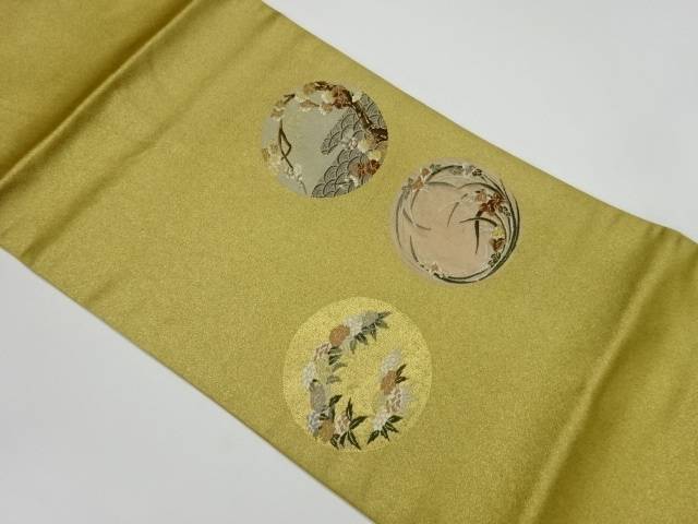 品質保証，人気SALE 丸紋に花々模様織出し開き名古屋帯（額縁仕立て 