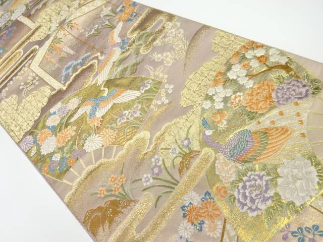 独特な 帯 宗sou 本金箔扇子に鶴 花模様織り出し袋帯 リサイクル 中古 着