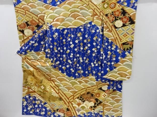 桟に菊の花深見草飾付刺繍振袖 アンティーク 中古 到着 宗sou 銅色属具 茶道 お召 Walls Ie