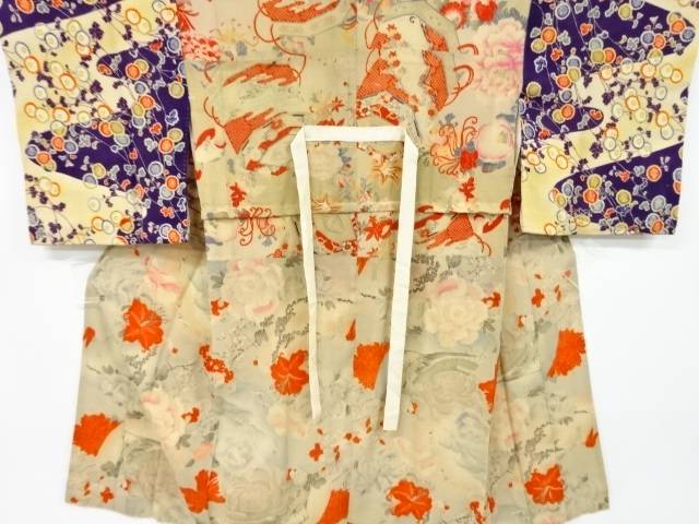 江戸縮緬富士に牡丹 百合模様胴抜き長襦袢 アンティーク 中古 着 宗sou Umu Ac Ug