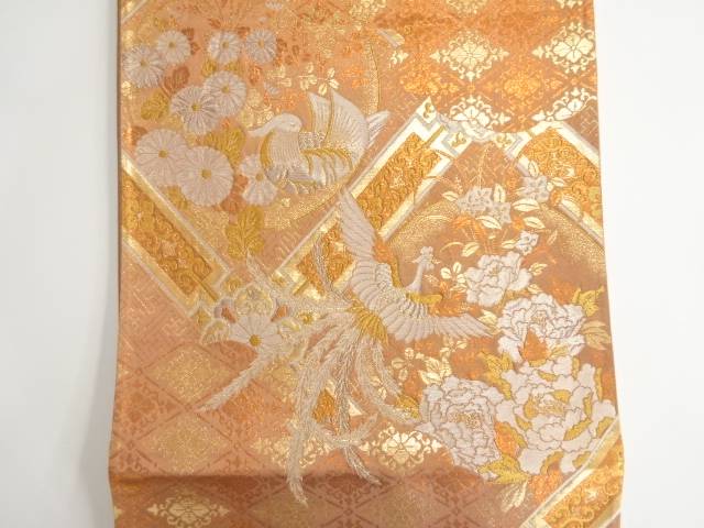九百緞子織 格天井に鳳凰 菊 牡丹模様織り出し袋帯 リサイクル 中古 着 宗sou Ceconsolidada Cl