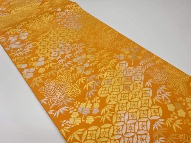服部織物製　こはく錦花に七宝・亀甲模様織出し袋帯【リサイクル】【中古】【着】 宗sou(prc)