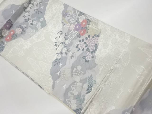 花籠・花唐草に樹木・鳥模様織出し袋帯【リサイクル】【中古】【着】 宗sou(prc)