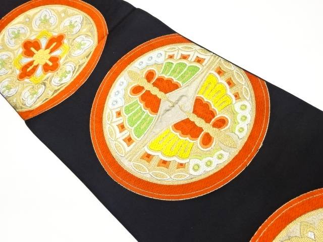 丸紋に向かい蝶・華文模様織出し袋帯【リサイクル】【中古】【着】 宗sou(prc)