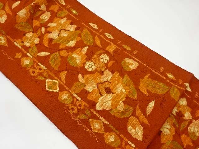 手織り紬花唐草模様織出し名古屋帯【リサイクル】【中古】【着】 宗sou(prc)