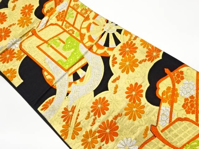 御所車に菊・花模様織出し袋帯【リサイクル】【中古】【着】 宗sou(prc)