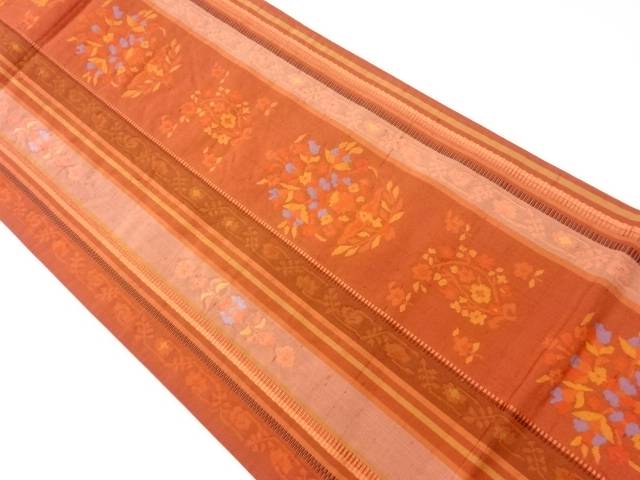 手織り紬縞に草花模様織出し洒落袋帯【リサイクル】【中古】【着】 宗sou(prc)