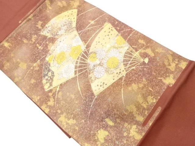 扇に菊・牡丹・笹模様織出し名古屋帯【リサイクル】【中古】【着】 宗sou(prc)