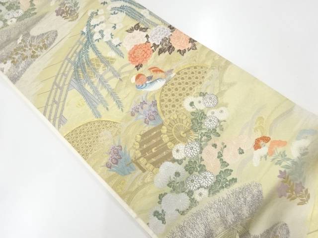 水車に鴛鴦・草花模様織出し袋帯【リサイクル】【中古】【着】 宗sou(prc)