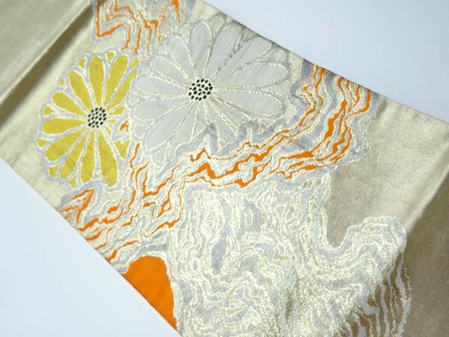 流水に菊模様織り出し名古屋帯【リサイクル】【中古】【着】 宗sou