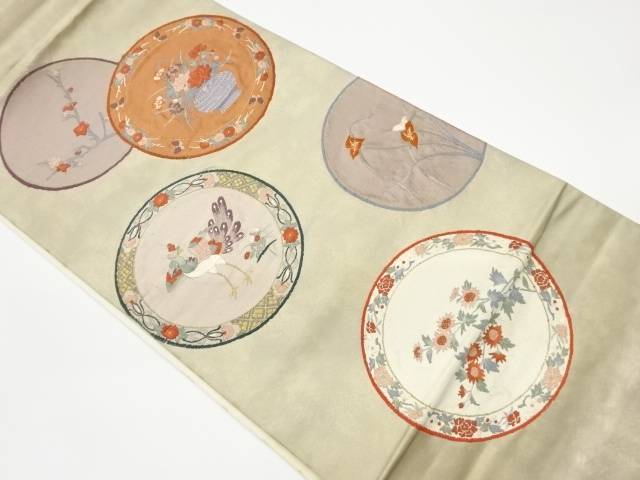 丸文に花瓶・孔雀・草花模様織出し袋帯【リサイクル】【中古】【着】 宗sou(prc)