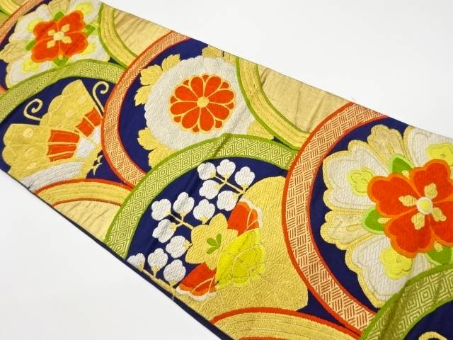 青海波に華紋・菊桐・蝶模様織出し袋帯【リサイクル】【中古】【着】 宗sou(prc)