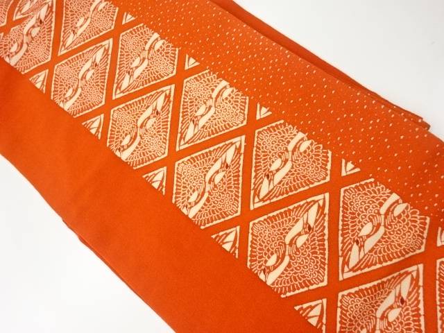 縮緬地型染菱に向かい鶴模様名古屋帯【リサイクル】【中古】【着】 宗sou(prc)