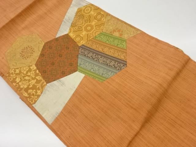 手織り紬切り嵌め華文に花唐草模様織出し名古屋帯【リサイクル】【中古】【着】 宗sou(prc)
