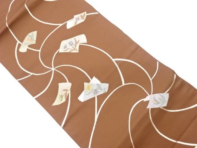 曲線に色紙・草花模様織出し名古屋帯【リサイクル】【中古】【着】 宗sou(prc)