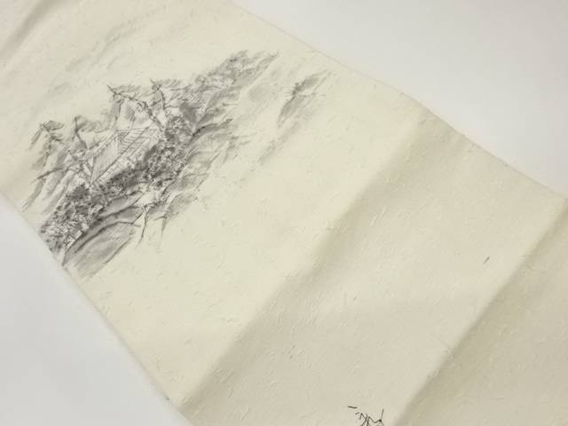 作家物　ひげ紬手描き山並みに民家風景模様名古屋帯【リサイクル】【中古】【着】 宗sou(prc)