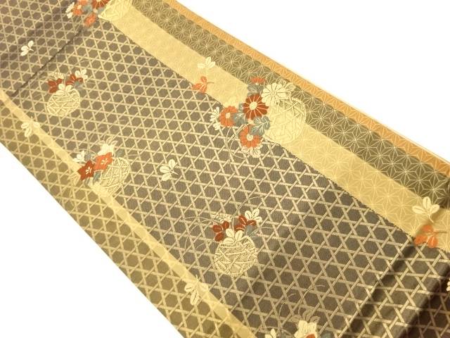 秋草に花籠・籠目・縞模様織出し袋帯【リサイクル】【中古】【着】 宗sou