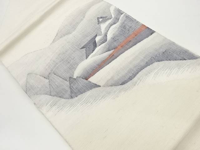 手織り紬すくい織山並みに家屋模様織出し名古屋帯【中古】【着】 宗sou