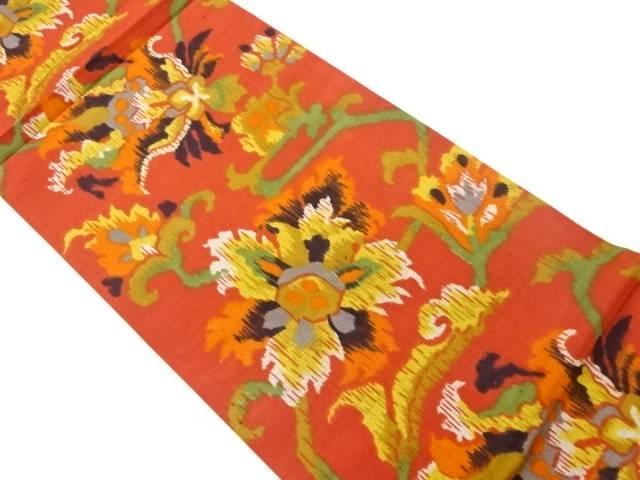 手織り紬花唐草模様全通袋帯【中古】【着】 宗sou