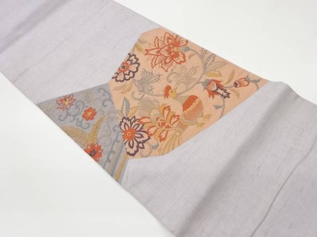 手織り紬切り嵌め孔雀に花唐草模様刺繍袋帯【中古】【着】 宗sou｜お茶道具・着物　【宗 sou】
