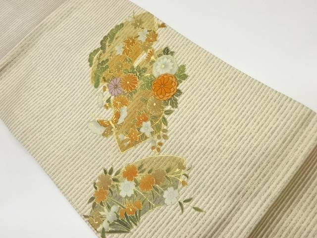 金彩地紙に蝶・松・草花模様刺繍名古屋帯【中古】【着】 宗sou