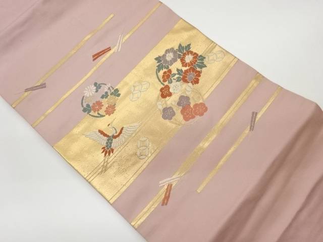 花丸文に鶴・扇・横段模様織出し名古屋帯【中古】【着】 宗sou