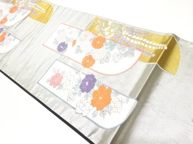 変わり短冊に花々模様織出し袋帯【中古】【着】 宗sou