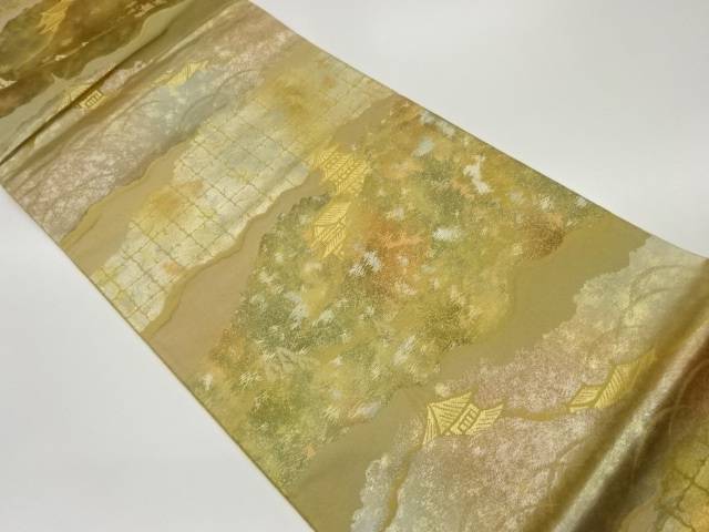 寺に芝草・木々・格子模様織出し袋帯【中古】【着】 宗sou 11,248円