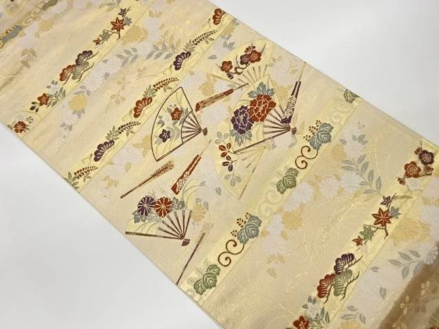 扇に花々・横縞模様織出し袋帯【中古】【着】 宗sou