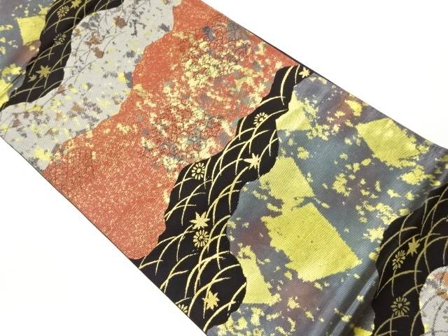 引箔横縞に芝・草花模様織出し袋帯【中古】【着】 宗sou