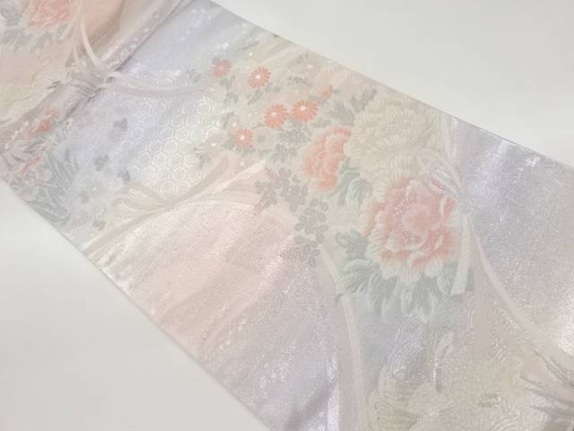 草花に鴛鴦・束ね熨斗模様織出し袋帯【中古】【着】 宗sou