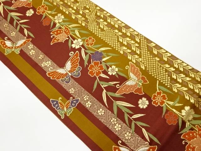 縞に蝶・枝垂れ桜模様織出し袋帯【中古】【着】 宗sou