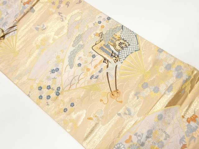 九百錦　扇・花車・御所車に花鳥模様織り出し袋帯【中古】【着】 宗sou