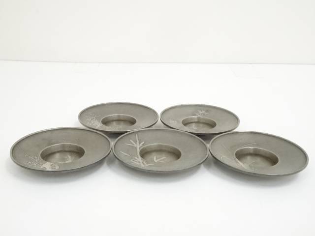 梅形　漢詩　乾茂號造　乾茂号造　茶托　古錫　古玩　骨董　茶道具　清　アンティーク 乾茂號造 古錫製 茶托 5客 茶道具 煎茶道