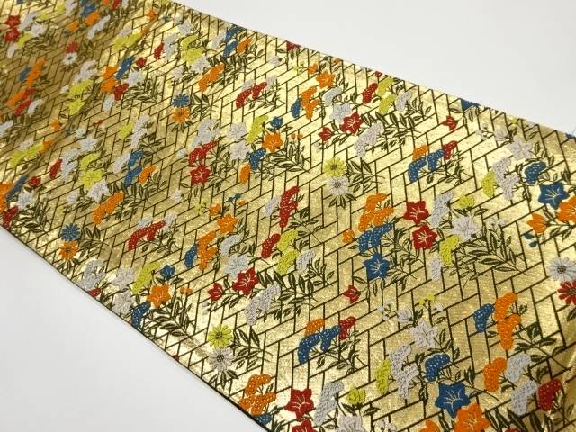 秋草に檜垣模様織出し全通袋帯【中古】【着】 宗sou