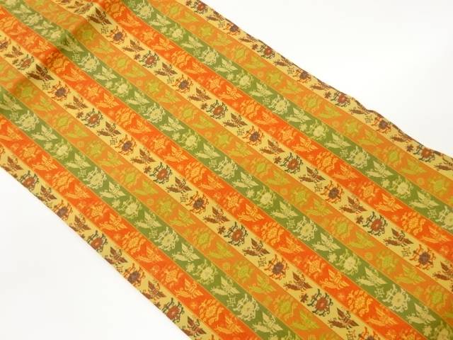 縞に抽象花鳥模様織出し名古屋帯【中古】【着】 宗sou