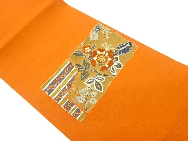 縮緬地金彩花唐草に横段模様刺繍開き名古屋帯（額縁仕立て）【中古】【着】 宗sou｜お茶道具・着物　【宗 sou】